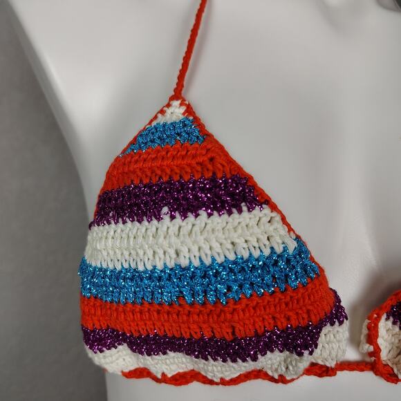 ROSE CARMINE Metallic Crochet-Knit Cotton Stripe Bikini Set Top M/L Bottoms 2 - Picture 11 of 16